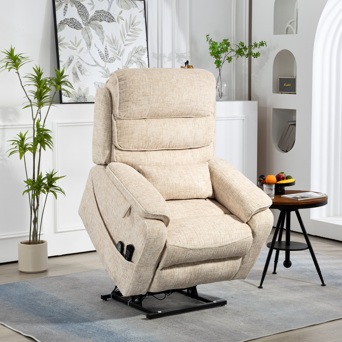 Pinnacle Lay Flat Recliner with Fold Out Tray Cup Holder & Wireless Phone Charger - Heat & Massage - Cream Chenille