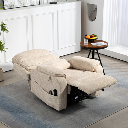 Pinnacle Lay Flat Recliner with Fold Out Tray Cup Holder & Wireless Phone Charger - Heat & Massage - Cream Chenille