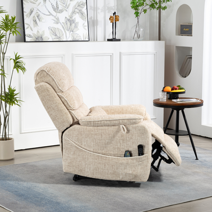 Pinnacle Lay Flat Recliner with Fold Out Tray Cup Holder & Wireless Phone Charger - Heat & Massage - Cream Chenille