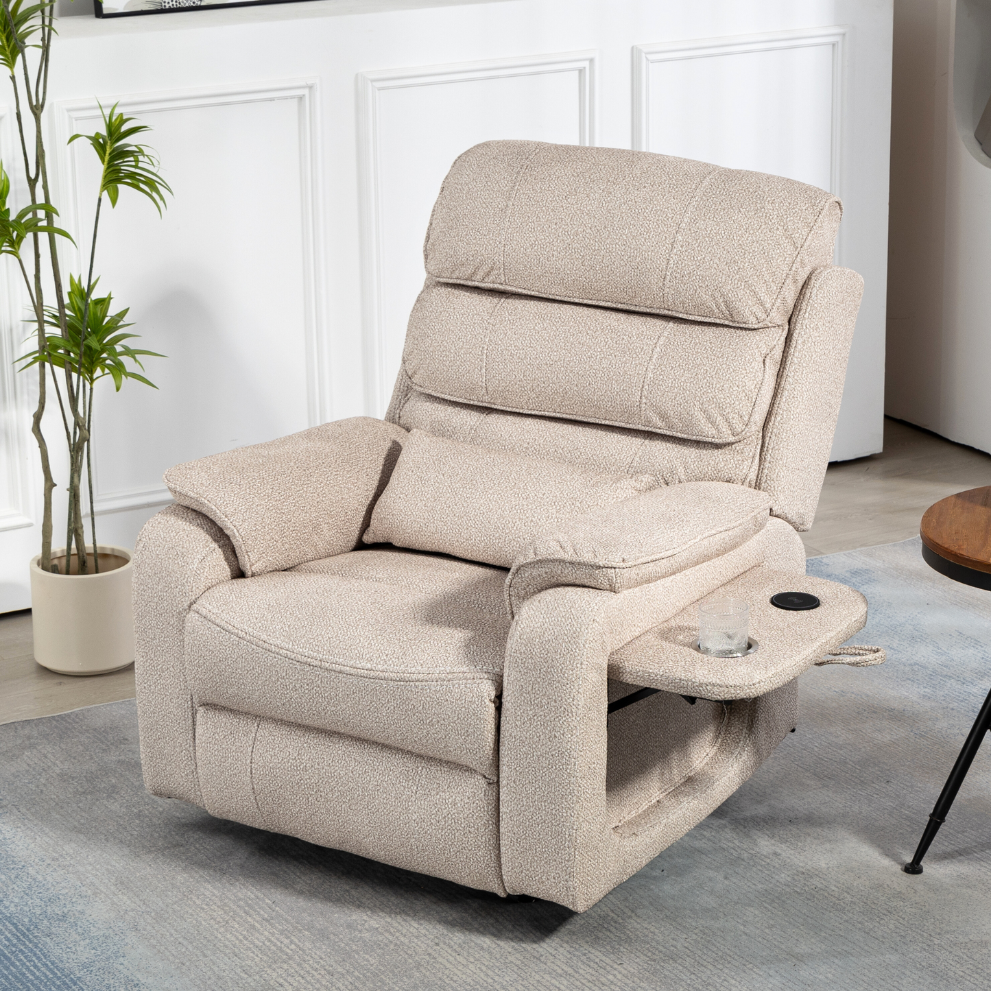 Pinnacle Lay Flat Recliner with Fold Out Tray Cup Holder & Wireless Phone Charger - Heat & Massage - Beige Chenille