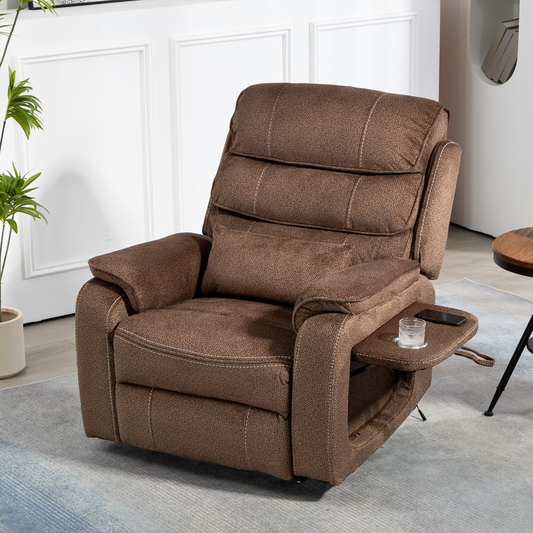 Pinnacle Lay Flat Recliner with Fold Out Tray Cup Holder & Wireless Phone Charger - Heat & Massage - Brown Chenille