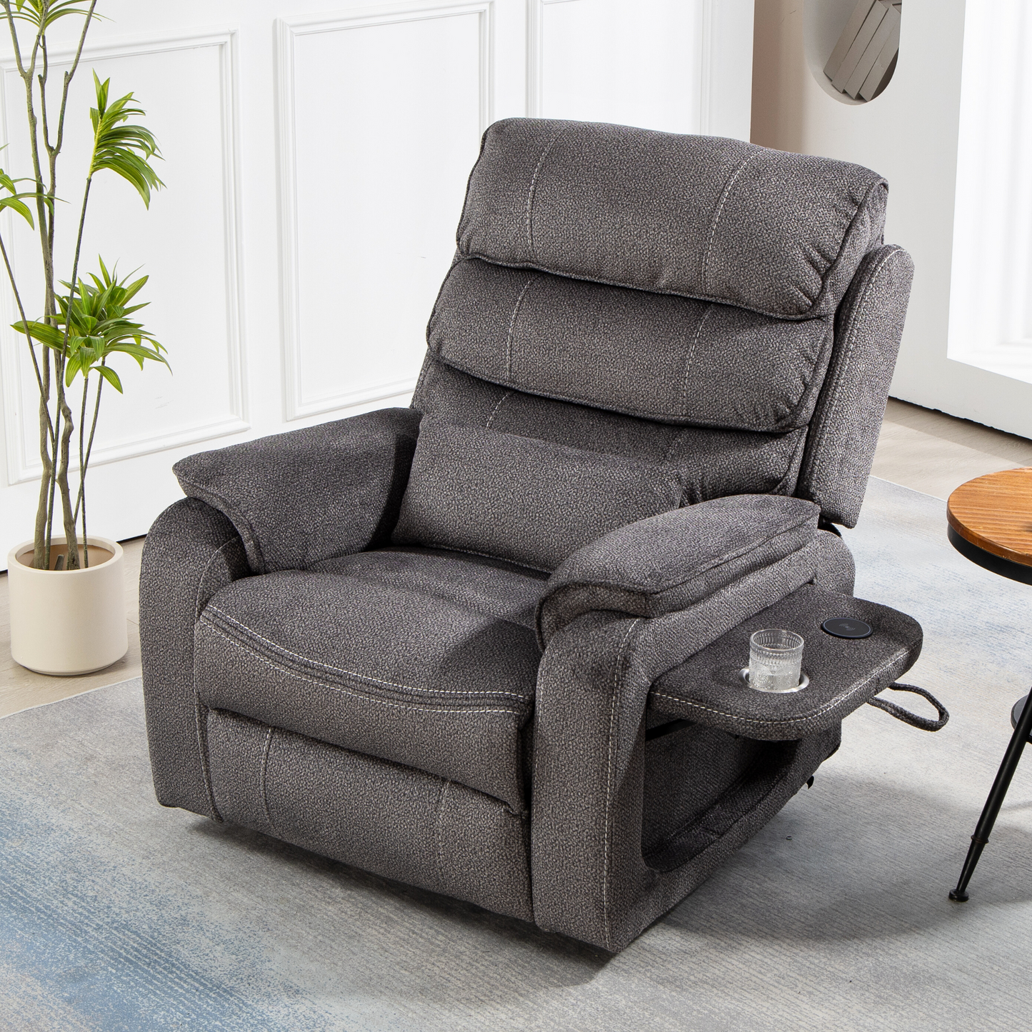 Pinnacle Lay Flat Recliner with Fold Out Tray Cup Holder & Wireless Phone Charger - Heat & Massage - Grey Chenille (Grainy Fabric)