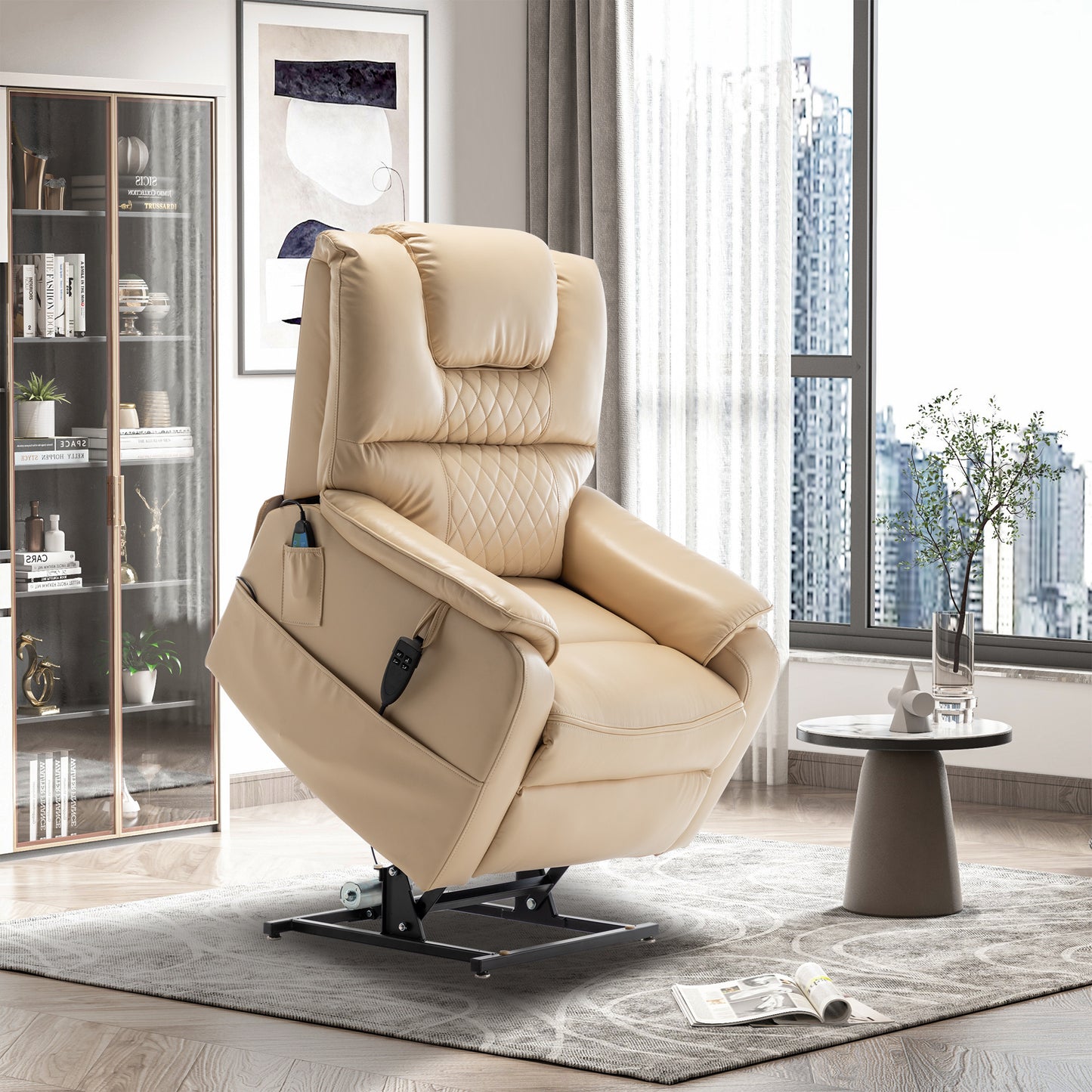 Panorama 2.0 Lay Flat Lift Recliner with Heat & Massage Power Lift Chair 400 lbs - BeigeYellow Leather