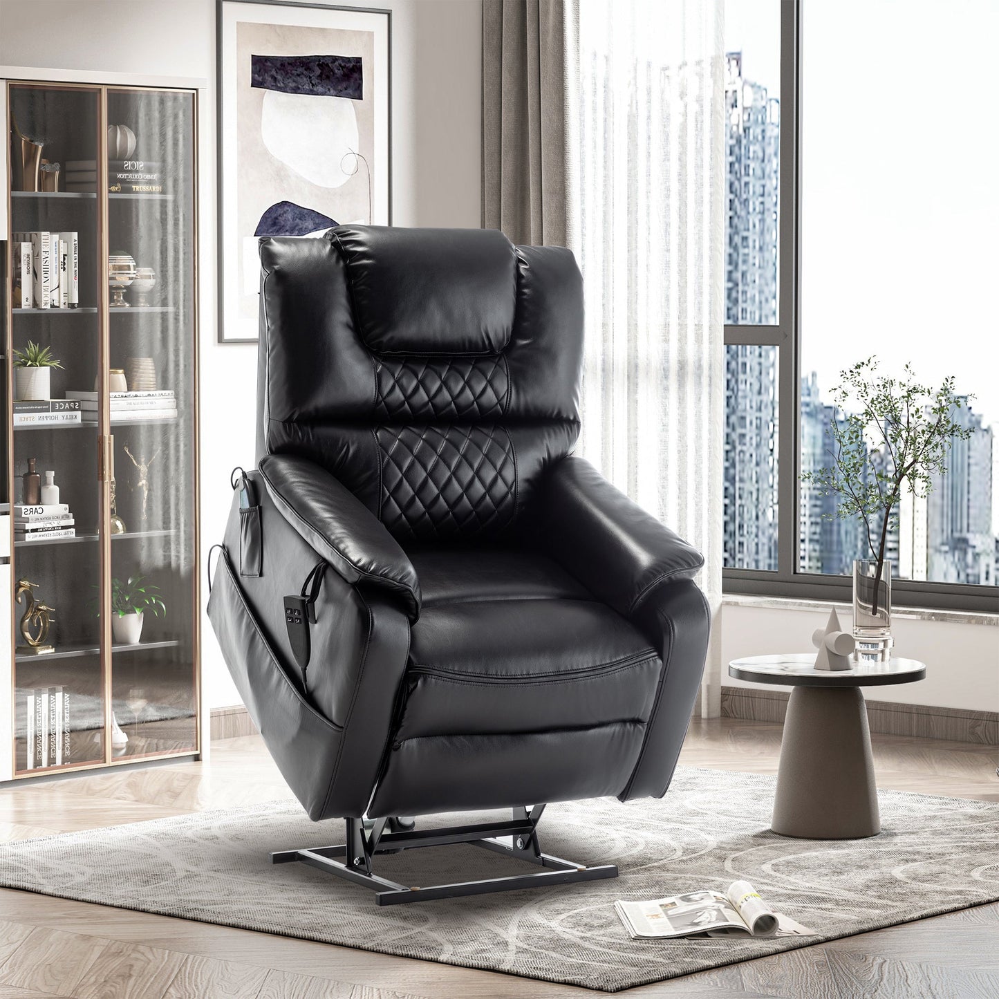 Panorama 2.0 Lay Flat Lift Recliner with Heat & Massage Power Lift Chair 400 lbs- Black Leather