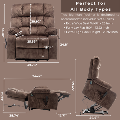 Widelay Oversized Lay Flat Recliner Lift  with Heat & Massage, 400 lbs - Brown Velvet