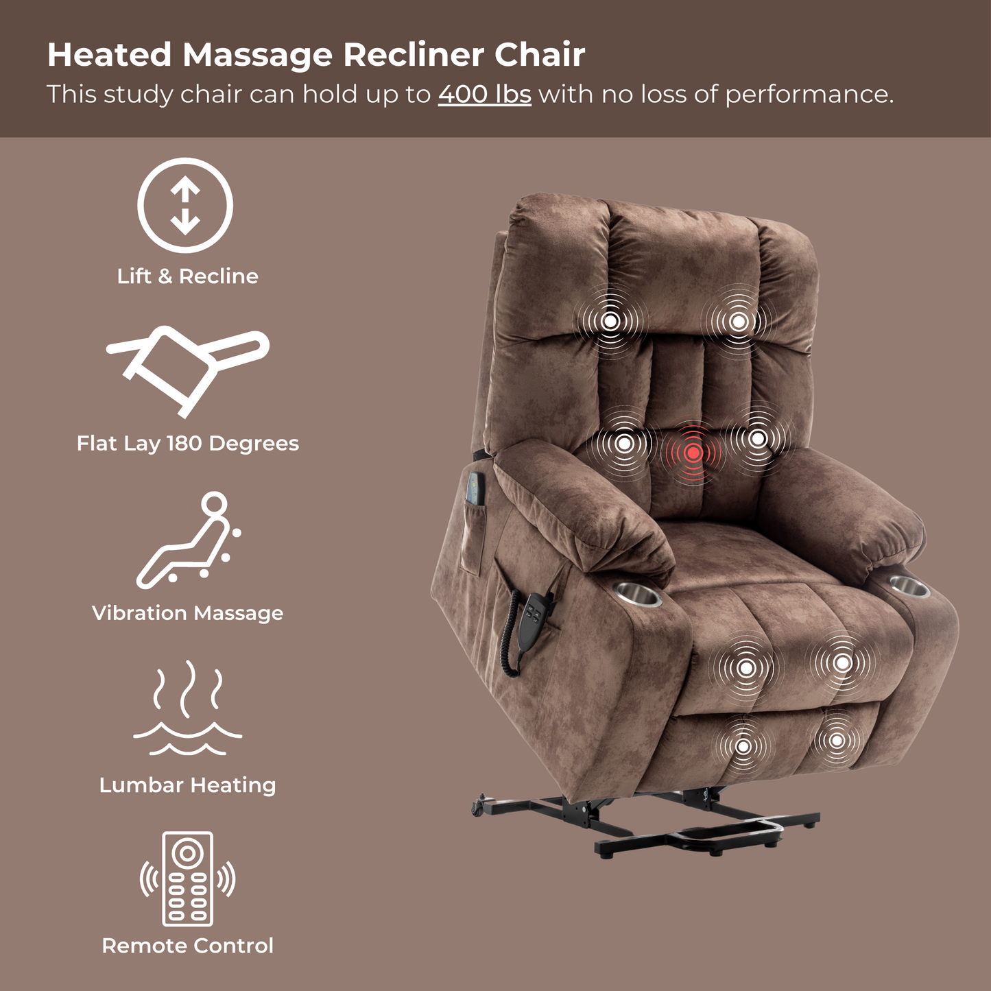 Widelay Oversized Lay Flat Recliner Lift  with Heat & Massage, 400 lbs - Brown Velvet