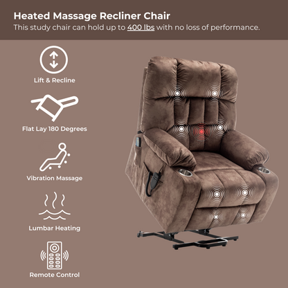 Widelay Oversized Lay Flat Recliner Lift  with Heat & Massage, 400 lbs - Brown Velvet