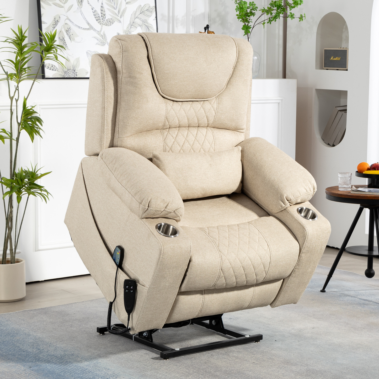 Panorama 3.0 Lay Flat Lift Recliner - Dual Motor Power Recliner with Heat & Massage - 400 lbs Capacity- Beige Chenille