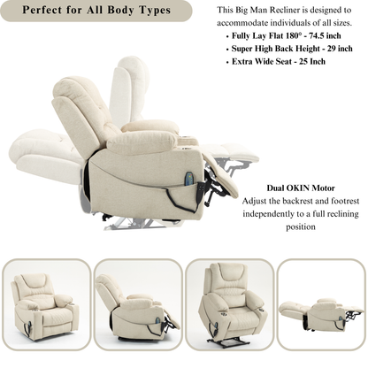 Panorama 3.0 Lay Flat Lift Recliner - Dual Motor Power Recliner with Heat & Massage - 400 lbs Capacity- Beige Chenille