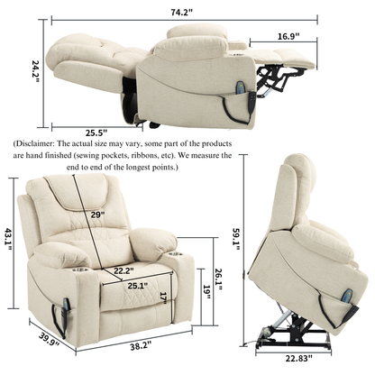 Panorama 3.0 Lay Flat Lift Recliner - Dual Motor Power Recliner with Heat & Massage - 400 lbs Capacity- Beige Chenille