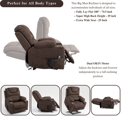 Panorama 3.0 Lay Flat Lift Recliner - Dual Motor Power Recliner with Heat & Massage - 400 lbs Capacity- Dark Brown Chenille