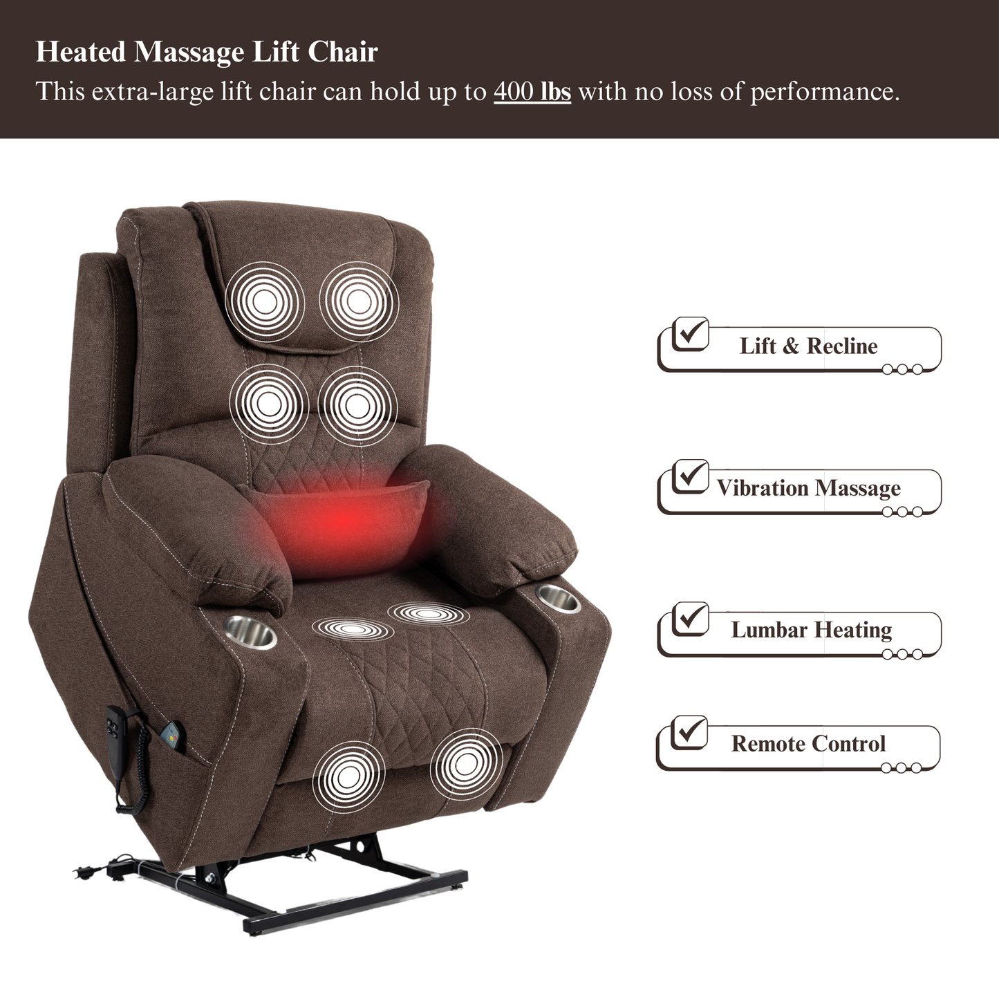 Panorama 3.0 Lay Flat Lift Recliner - Dual Motor Power Recliner with Heat & Massage - 400 lbs Capacity- Dark Brown Chenille