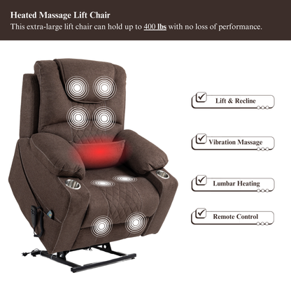 Panorama 3.0 Lay Flat Lift Recliner - Dual Motor Power Recliner with Heat & Massage - 400 lbs Capacity- Dark Brown Chenille