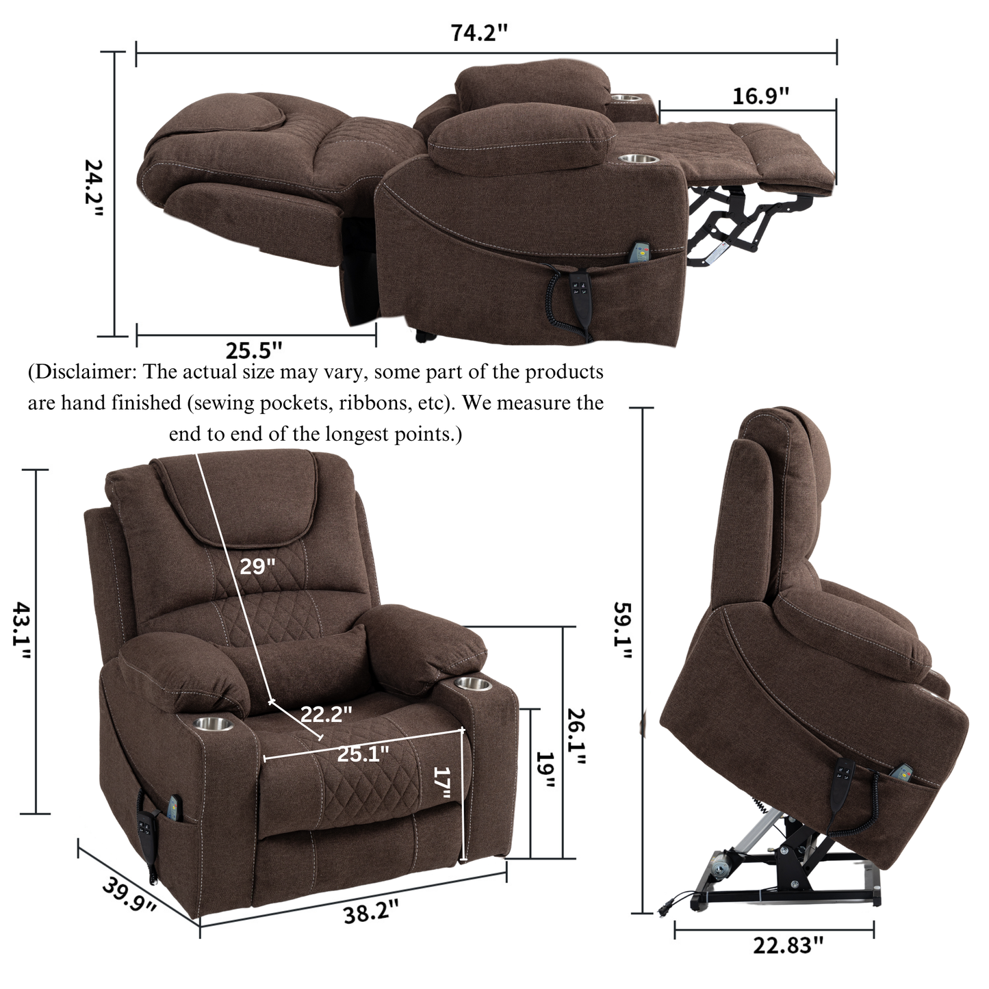 Panorama 3.0 Lay Flat Lift Recliner - Dual Motor Power Recliner with Heat & Massage - 400 lbs Capacity- Dark Brown Chenille