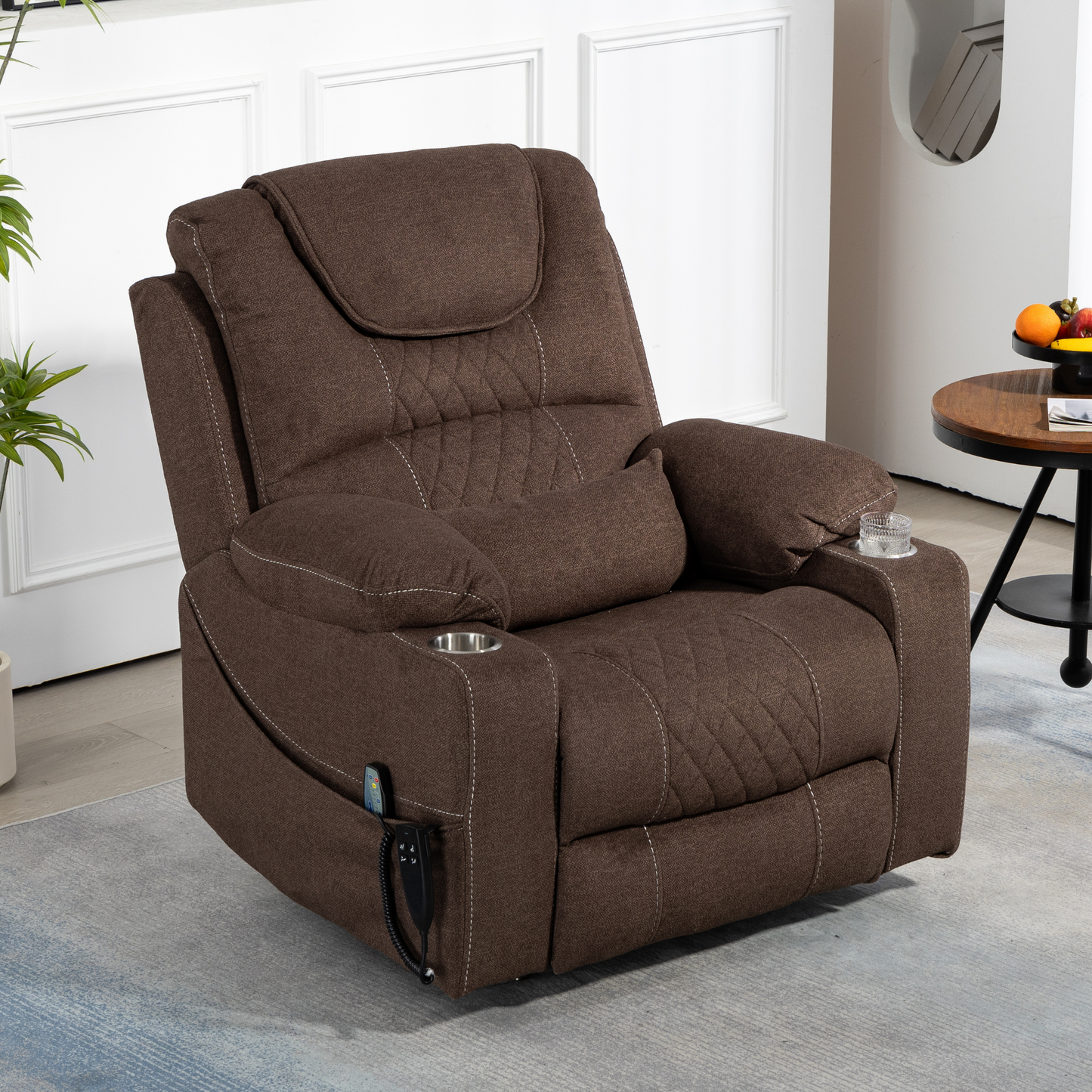 Panorama 3.0 Lay Flat Lift Recliner - Dual Motor Power Recliner with Heat & Massage - 400 lbs Capacity- Dark Brown Chenille