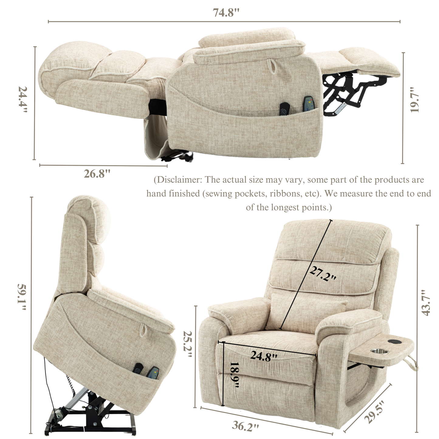 Pinnacle Lay Flat Recliner with Fold Out Tray Cup Holder & Wireless Phone Charger - Heat & Massage - Cream Chenille