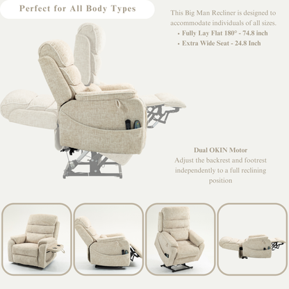 Pinnacle Lay Flat Recliner with Fold Out Tray Cup Holder & Wireless Phone Charger - Heat & Massage - Cream Chenille