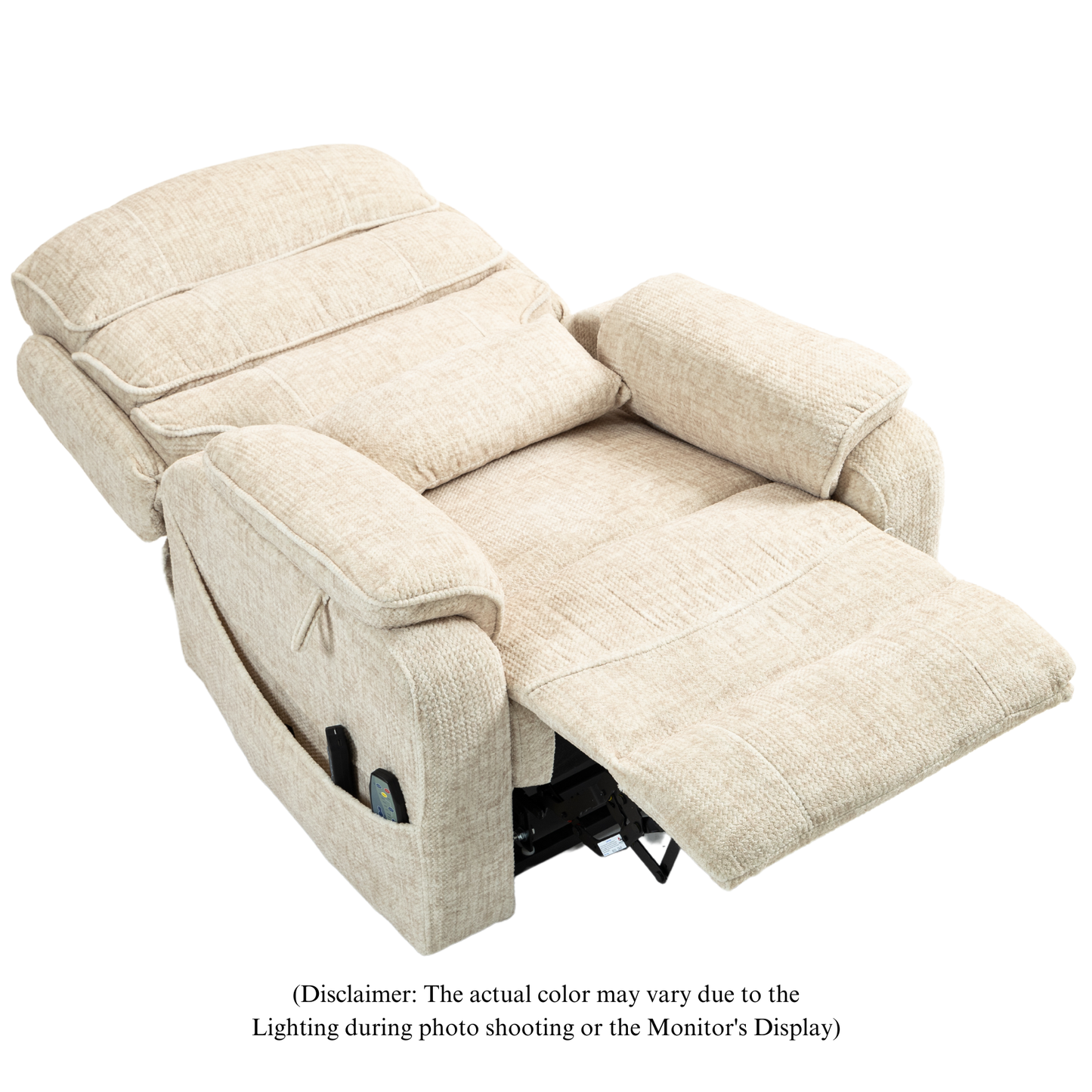 Pinnacle Lay Flat Recliner with Fold Out Tray Cup Holder & Wireless Phone Charger - Heat & Massage - Cream Chenille