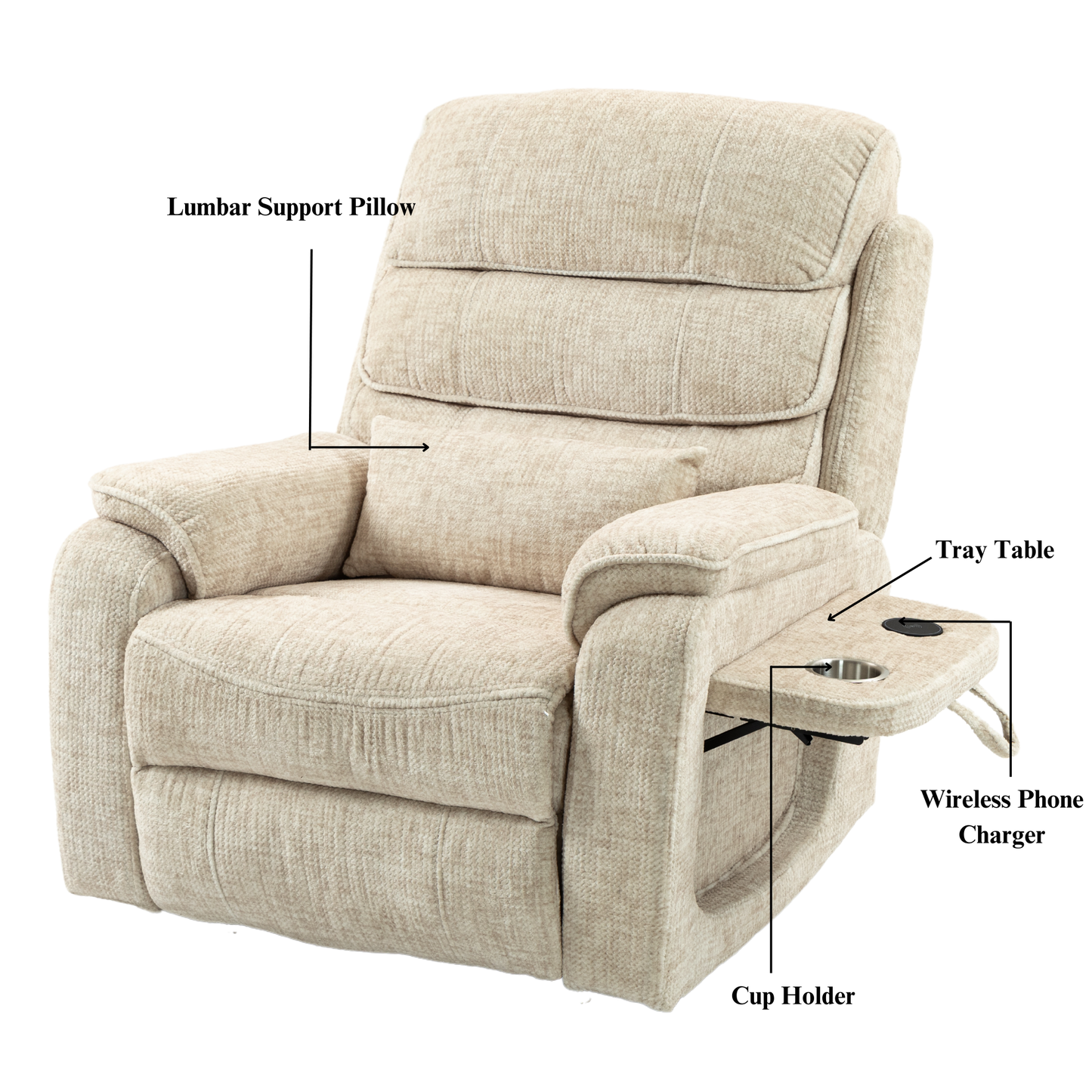 Pinnacle Lay Flat Recliner with Fold Out Tray Cup Holder & Wireless Phone Charger - Heat & Massage - Cream Chenille