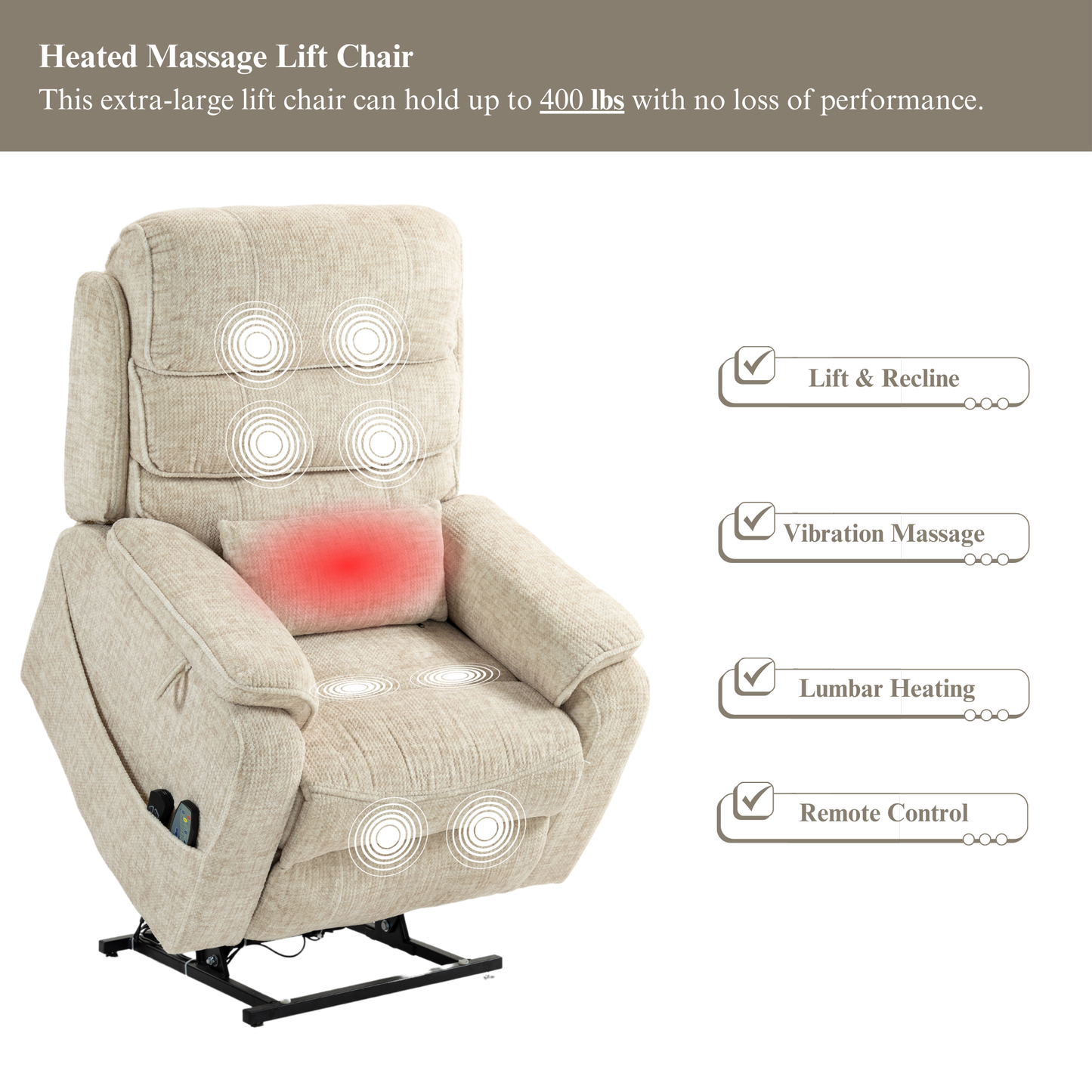 Pinnacle Lay Flat Recliner with Fold Out Tray Cup Holder & Wireless Phone Charger - Heat & Massage - Cream Chenille