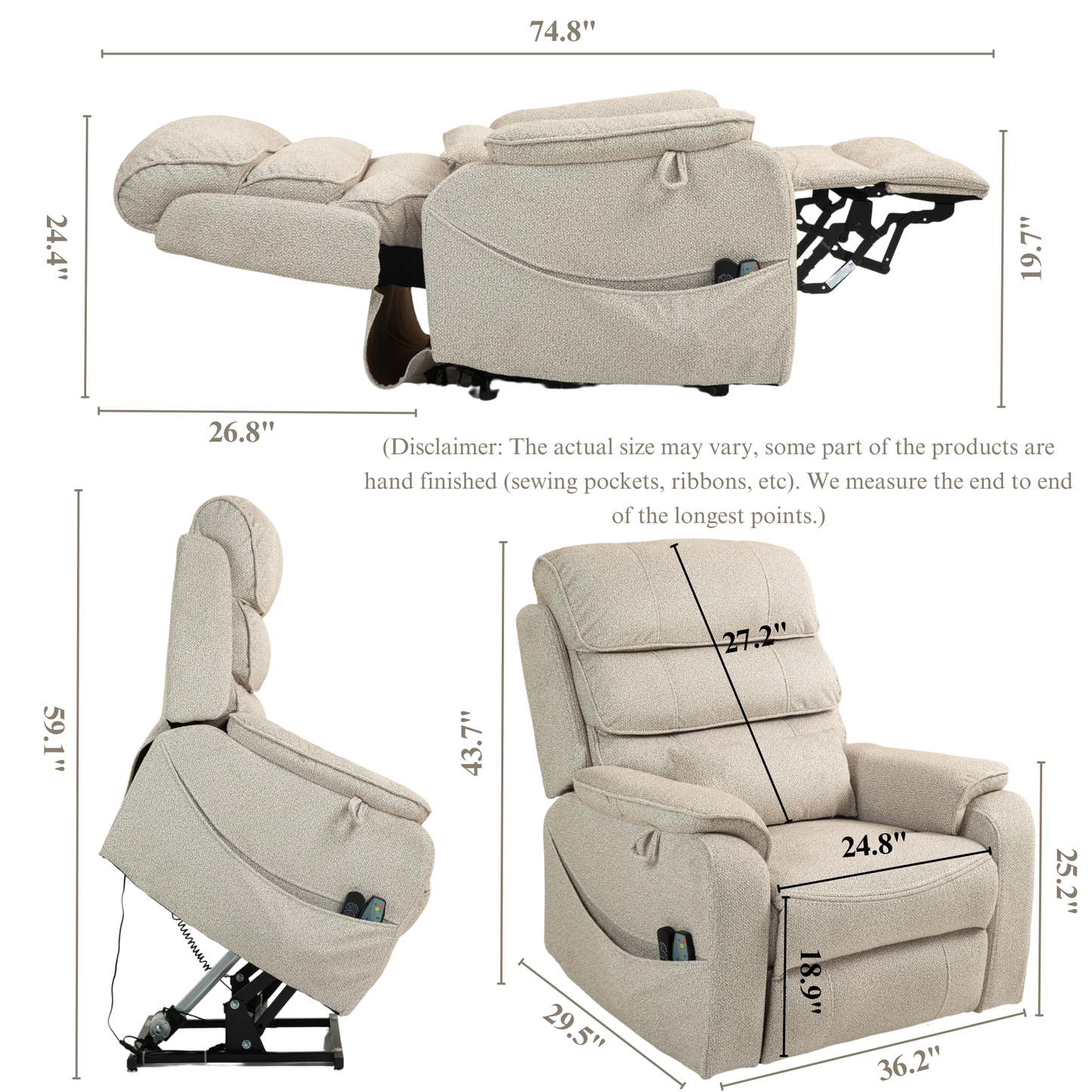 Pinnacle Lay Flat Recliner with Fold Out Tray Cup Holder & Wireless Phone Charger - Heat & Massage - Beige Chenille