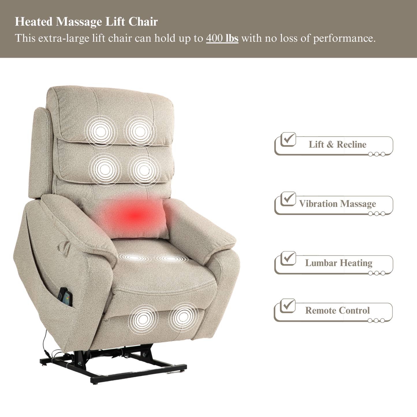 Pinnacle Lay Flat Recliner with Fold Out Tray Cup Holder & Wireless Phone Charger - Heat & Massage - Beige Chenille