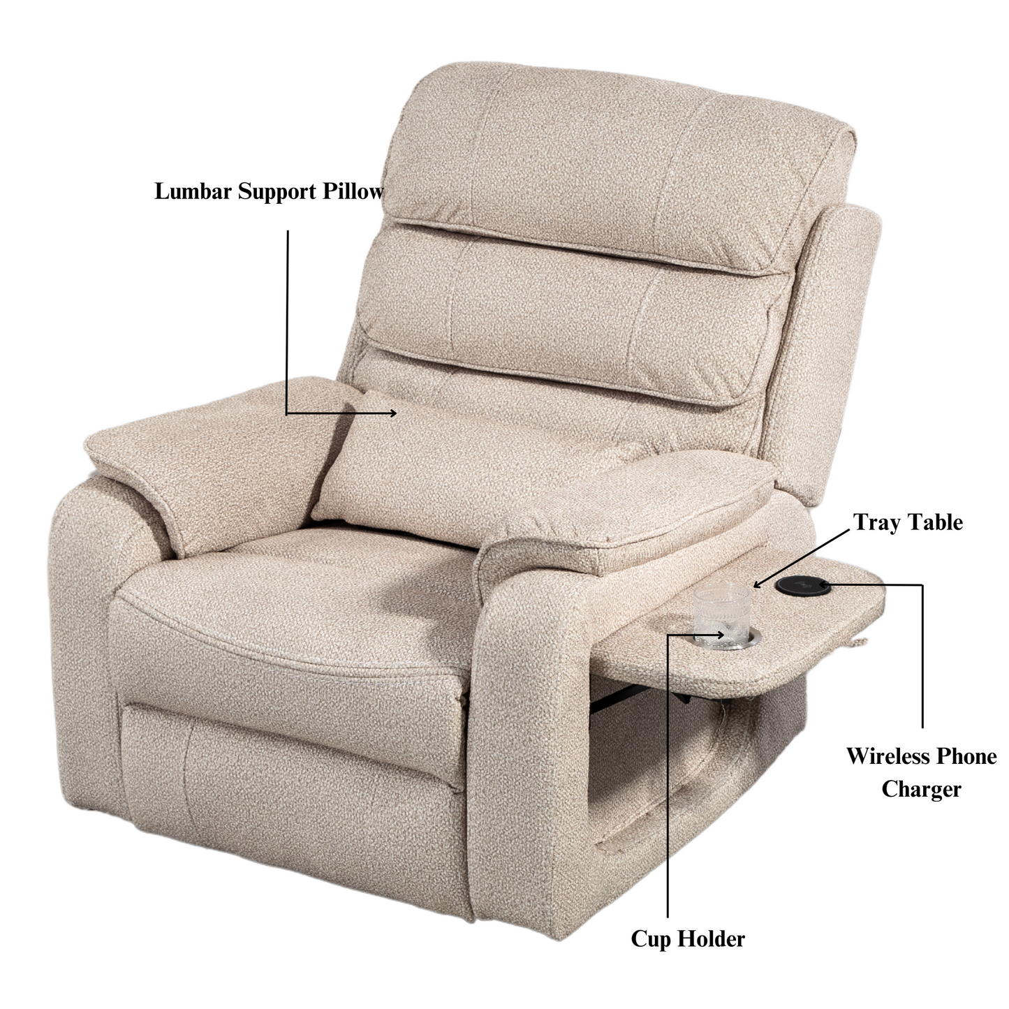 Pinnacle Lay Flat Recliner with Fold Out Tray Cup Holder & Wireless Phone Charger - Heat & Massage - Beige Chenille