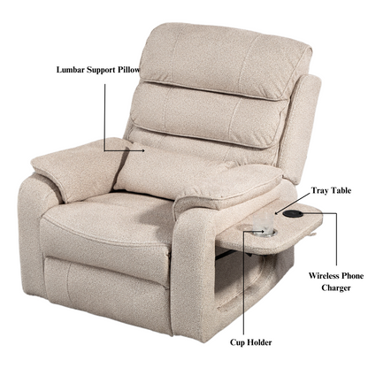 Pinnacle Lay Flat Recliner with Fold Out Tray Cup Holder & Wireless Phone Charger - Heat & Massage - Beige Chenille