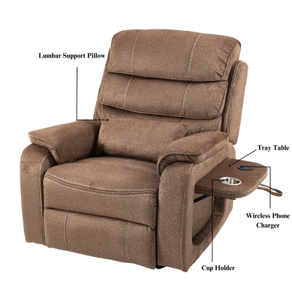 Pinnacle Lay Flat Recliner with Fold Out Tray Cup Holder & Wireless Phone Charger - Heat & Massage - Brown Chenille