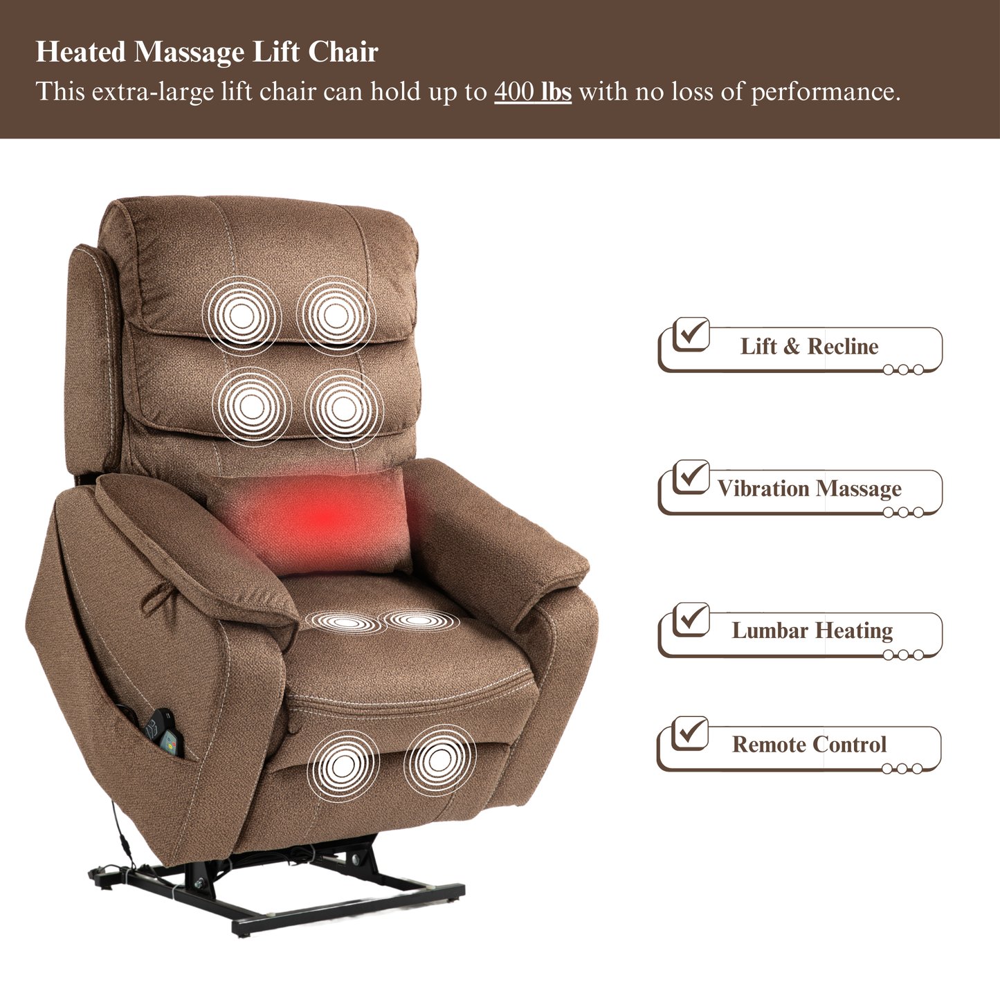 Pinnacle Lay Flat Recliner with Fold Out Tray Cup Holder & Wireless Phone Charger - Heat & Massage - Brown Chenille