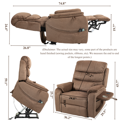 Pinnacle Lay Flat Recliner with Fold Out Tray Cup Holder & Wireless Phone Charger - Heat & Massage - Brown Chenille