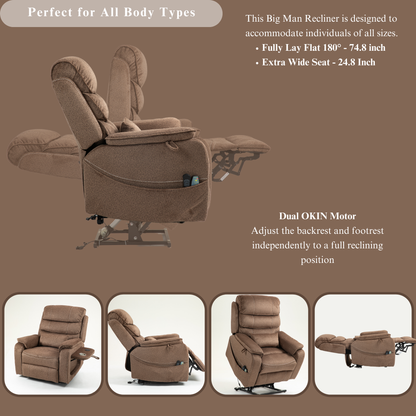 Pinnacle Lay Flat Recliner with Fold Out Tray Cup Holder & Wireless Phone Charger - Heat & Massage - Brown Chenille