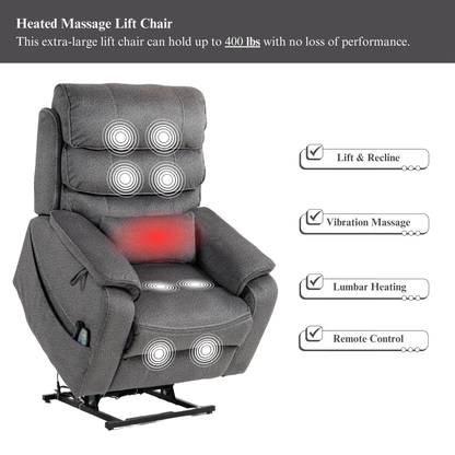 Pinnacle Lay Flat Recliner with Fold Out Tray Cup Holder & Wireless Phone Charger - Heat & Massage - Grey Chenille (Grainy Fabric)