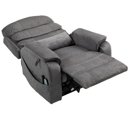 Pinnacle Lay Flat Recliner with Fold Out Tray Cup Holder & Wireless Phone Charger - Heat & Massage - Grey Chenille (Grainy Fabric)